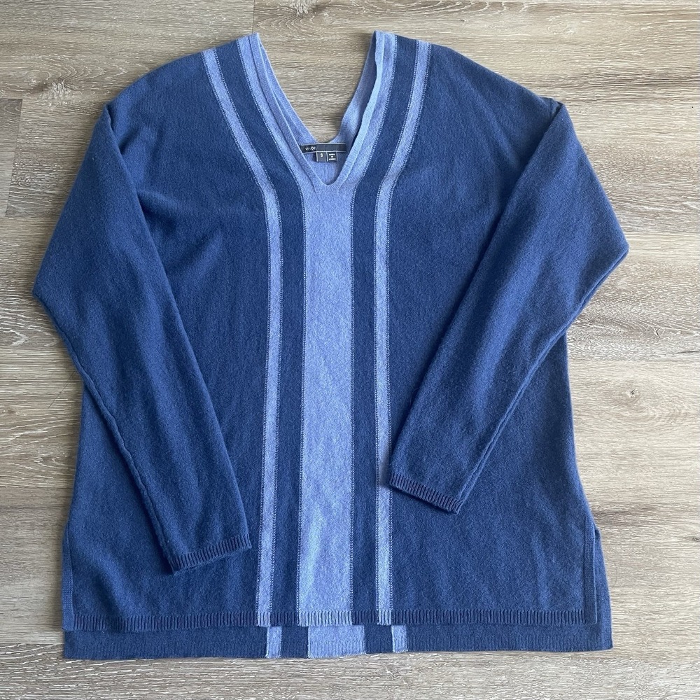 Vince 100% Cashmere Double V-Neck Color Blocked Striped Sweater Small Blue